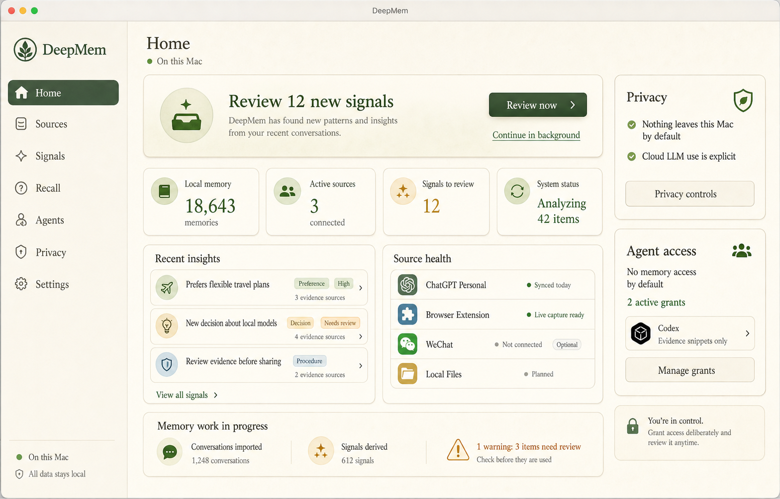 DeepMem desktop app home screen showing local memory, recent insights, source health, privacy, and agent access.