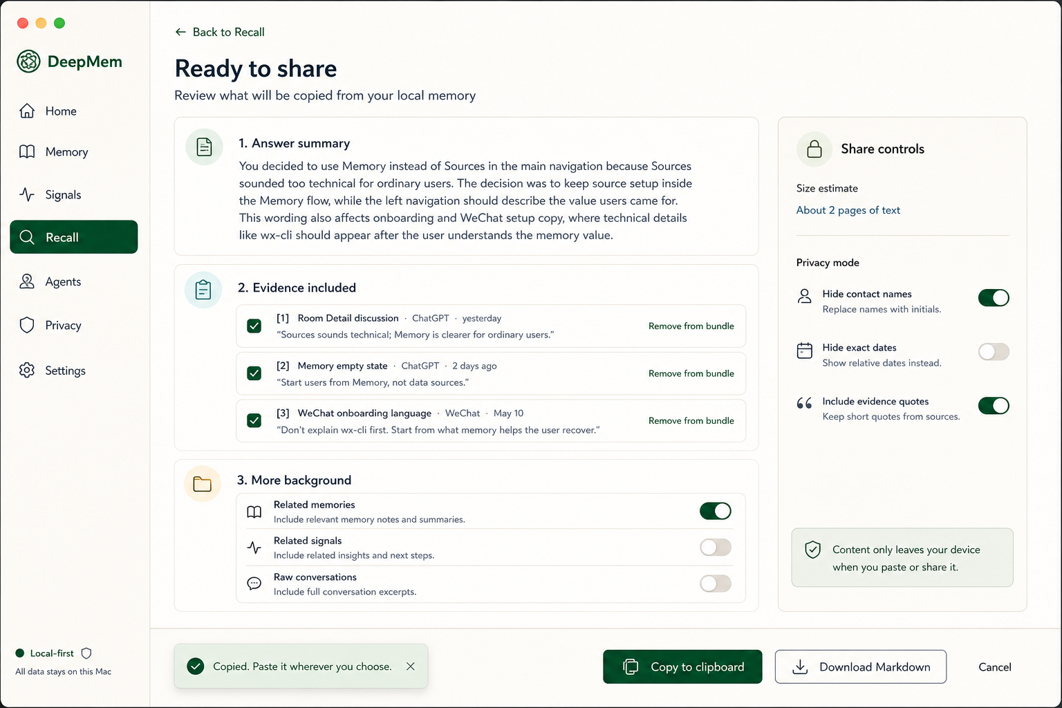 DeepMem Recall context package screen with evidence and share controls.